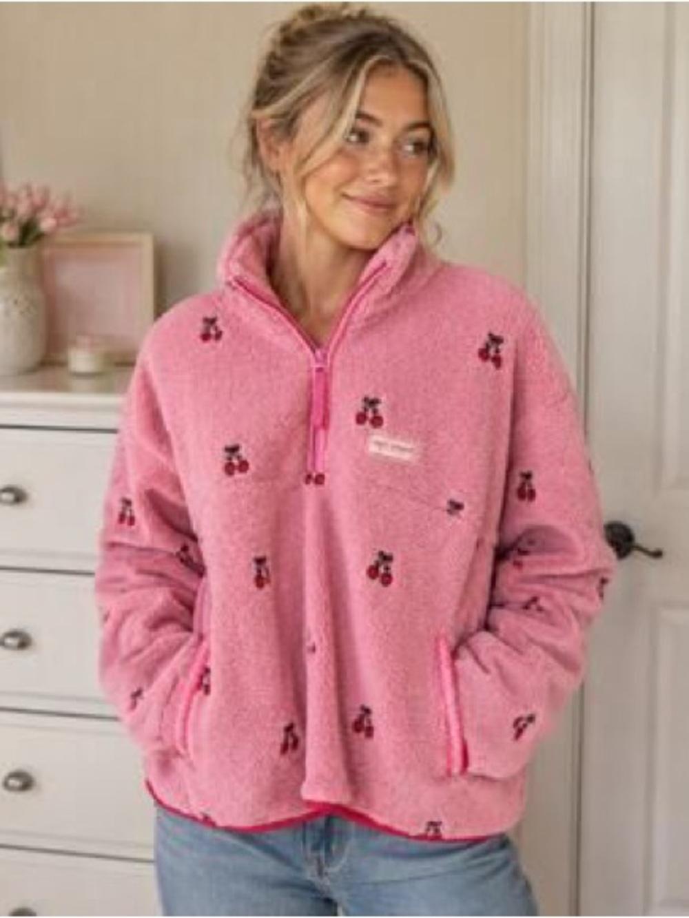 Simply Southern Cherry Print 1/2-Zip Sherpa Pullover. Size L NWT